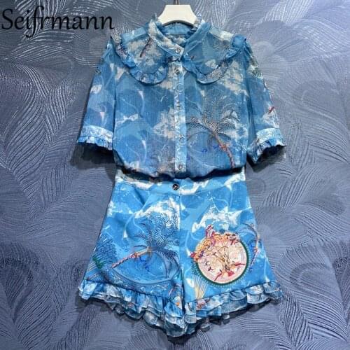 Seifrmann New 2021 Summer Women Fashion Designer Shorts Two Pieces Set Half Sleeve Loose Blouses + High Waist Print Shorts Suits