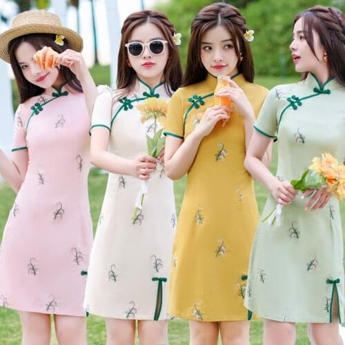 Female Qipao Mandarin Collar Short Cheongsam Vestidso Elegant Chinese Dress Novelty Satin Evening Party Gown Cheongsam Style