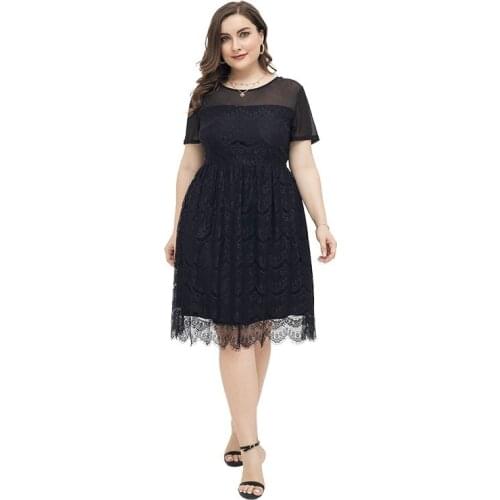 Echoine Elegant Style Solid Black Dress Lace O Neck Dress High Black Skirt Plus Size