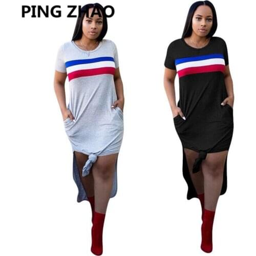 PING ZHAO Women Dress Short Sleeve O-neck Striped Mid-calf Dresses Summer Casual Outfit