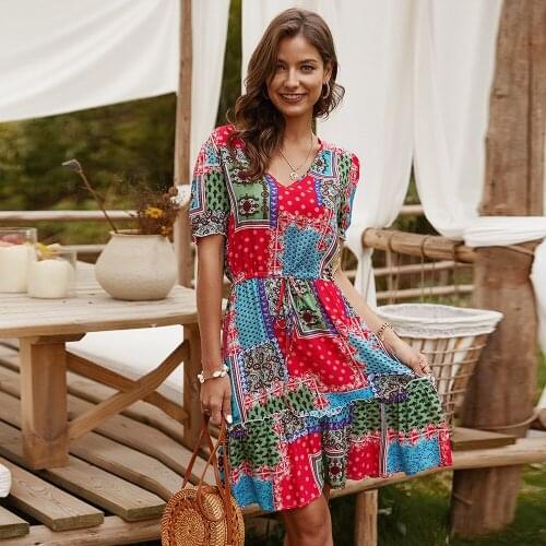 Summer Beach Party Dresses womens casual V neck Short Sleeve Vintage Patchwork Streetwear Mini dress 2021 Elegant Fashion Dress