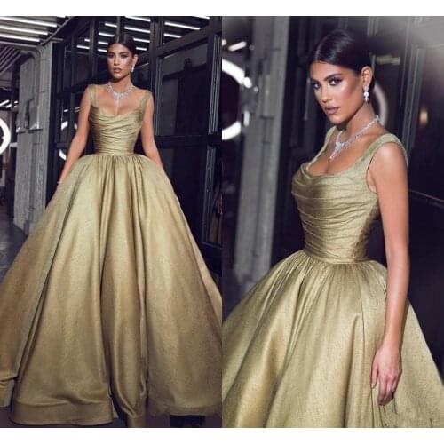 2020 Gold Square Neck Evening Dresses Floor Length Prom Party Gown Ruched Ball Gown Formal Occasion Dresses vestidos de noiva