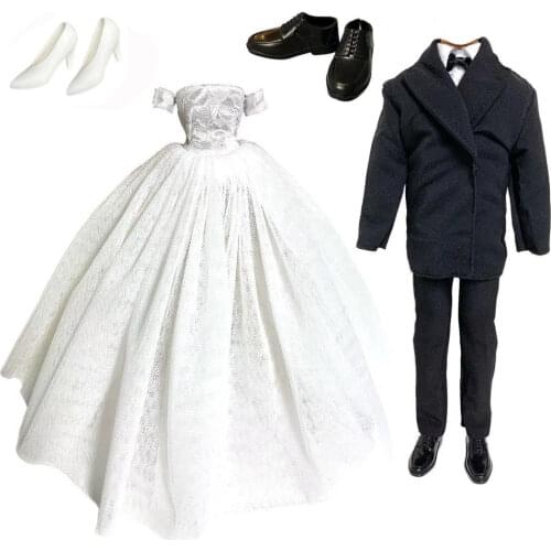 1/6 BJD Doll Wedding Party Dress Princess Gown With Veil + 1x Black Groom Suit Clothes For 30cm Doll For Ken Doll Accessories