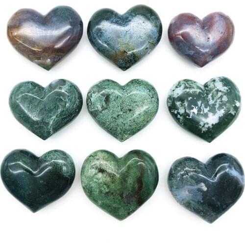 1PC Natural Moss Agate Heart Crystal Carved Craft Healing Stone Luck Spirit Gift Reiki Gemstone Natural Stones and Minerals