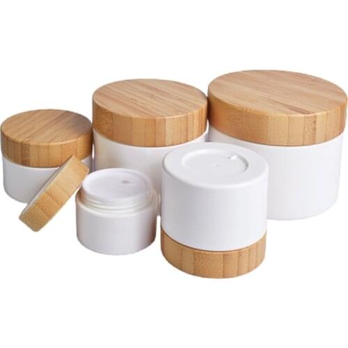 15/30/50/100/200/250g White PP Plastic Skin Care Cream Jar Cosmetic Eye Cream Body Cream Jar Containers With Bamboo Wood Lids