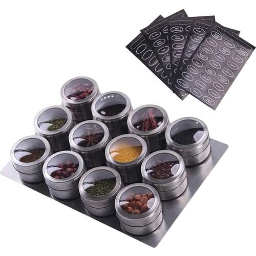 6/9/12 Pieces Magnetic Spice Jars Stainless Steel Salt Tins Pepper Shakers Spice Jar Rack Organizers Container With Base Labels