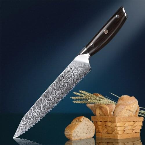 TURWHO 8 inch bread knife Pro chef knife 67 layer Damascus kitchen knife high quality stainless steel cake knife Ebony Handle