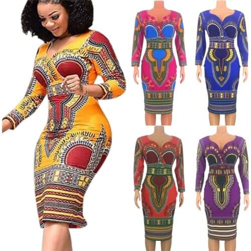 African Dresses for Women Dashiki Print 2020 News Tribal Ethnic Fashion V-neck Ladies Clothes Casual Sexy Dress Robe Party