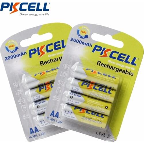 8pcs PKCELL Real 2600mAh 1.2V AA Ni-Mh Rechargeable Battery High Capacity NiMh AA Batteries With 1000 Cycle for LED Flashlight