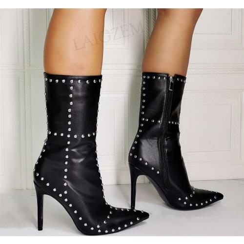 BERZIMER Ankle Boots Studded Side Zip High Heels Short Boots Height Increase Ladies Faux Leather Shoes Woman Big Size 43 45 47