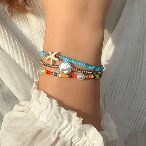 3Pcs/Set Rainbow Beaded Bracelet for Women Pearl Beads Starfish Colorful Holiday Beach Bracelet Sets Boho Jewelry AM3107