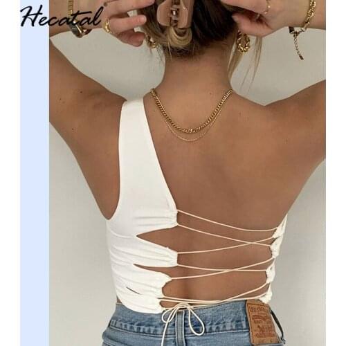 Heeatal Sexy Hollow Out Bandage Crop Tops Women Sexy Strappy Halter One-shoulder Sling Slim Nightclub Queen Vest Women Clothes