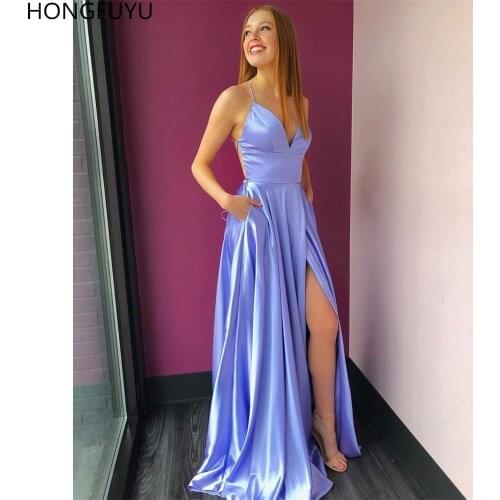 HONGFUYU Lilac Spagetti Straps Evening Party Dresses vestidos de fiesta de noche Side Slit Prom Dress with Pocket robe de soiree