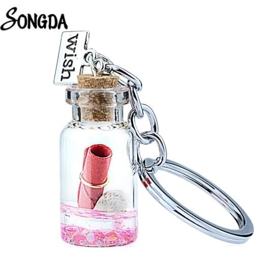 Exquisite Wish Bottle Keychain Candy Color Pink Blue Drift Bottle With Tag Silver Plated Key Chain Handmade Birthday Gift