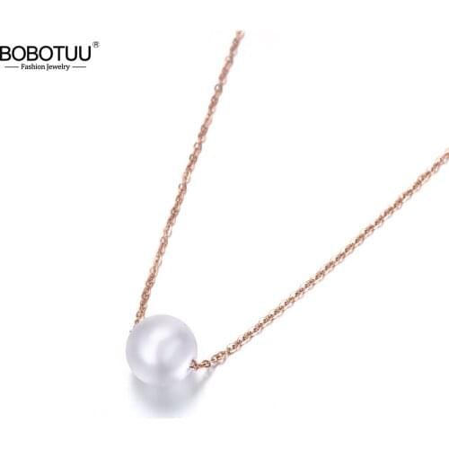 BOBOTUU Classic White Simulated Pearl Pendant Necklaces Jewelry Titanium Steel Chokers Necklace For Christmas Gifts BN18005