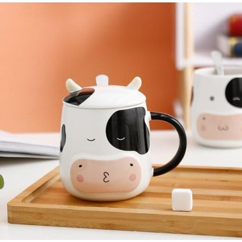 Cow Mug Porcelain Cup with Lid Spoon Relief Sculpture of Cute Animals Safe Environmentally Friendly Can Be Filled with Hot Water