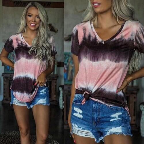 Summer Style Womens Tie-dye Casual Loose Fashion T-shirt Loose Printed Polyester Round Neck Plus Size Short-sleeved T-shirt Top