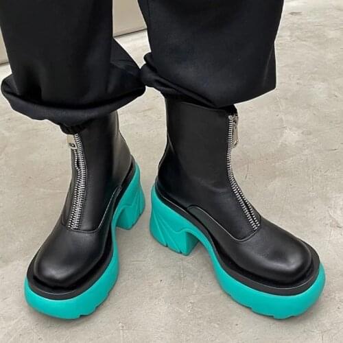 Lucyever Mix Color Chunky Platform Ankle Boots Women 2021 Autumn Fashion Front Zipper Motorcycle Boots Woman Heels Booties Shoes