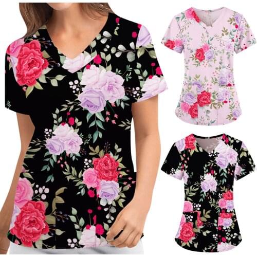 Cute Working Nurse Uniform Short Sleeve V-neck Rose Floral Pattern Print Nursing Tops for Women with Pocket Uniforme Enfermera