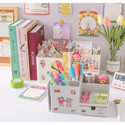 2 In 1 Multifunctional Cute Desktop Storage Box Pen Holder Book Shelf Fixed Bookshelf Free Stickers School Stationery