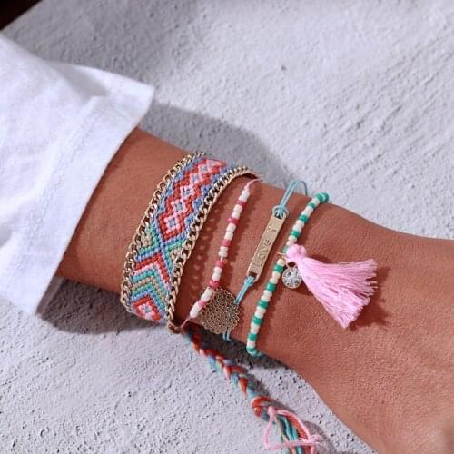 DROPSHIPPING HOT Bohemia Style Handwork Braided Rope Friendship Wrap Bracelet Set Pink Tassel Chain Link Bead Bracelet Jewelry