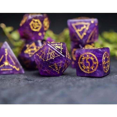 Natural Amethysts Polyhedral Dice Set Gemstone Magic Sign Geometry Dice Crystal Energy Symbol Cthulhu Dice D&D RPG Board Games