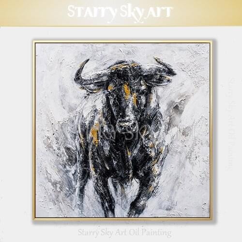 Low Price Hand-painted Abstract Animal Black and White Bull Acrylic Painting Abstract Strong Animal Bull Acrylic Knife Painting