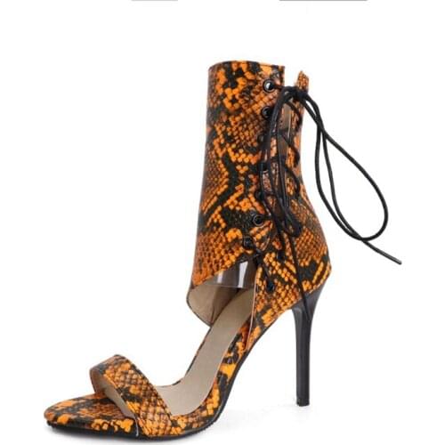 Sexy Women Serpentine Print Sandals Summer Fashion Super High Heels Open Toe Gladiator Shoes Woman Party Pumps Big Size 48 8812