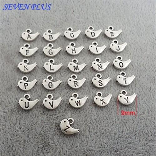 High Quality 260 Pcs/Lot 9mm Antique Silver Plated Bird Shaped Initial Alphabet Letter Charms For Diy Jewelry Making From A To Z