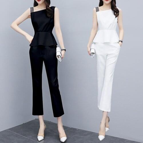 Professional Suit 2021 Summer Sexy Sleeveless Waist Top+Fashion Slim Micro Flared Pants Office Lady Business Two Piece Pants Set