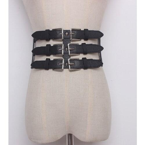 Womens Belts Pu Leather Hollow Out Three-row Buckle Elastic High Waist Black Belt New Fashion Punk Accessories Belt Female