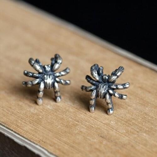 Unique Design Genuine Antique 925 Sterling Silver Spider Stud Earrings Hot Style Insect Studs Gothic Punk Hiphop Rock Jewelry