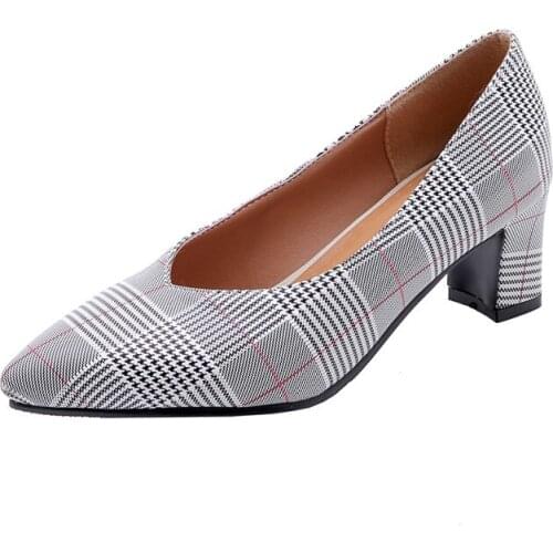 Big Size Pointed shallow mouth Plaid single shoes ladies high heels women shoes woman pumps