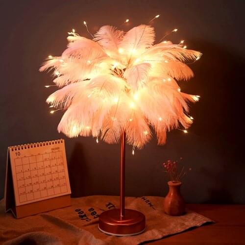 USB Fairy Feather Table Lamp Desk Decoration Small Night Light Living Room Party Christmas Wedding Girl Bedroom Decoration
