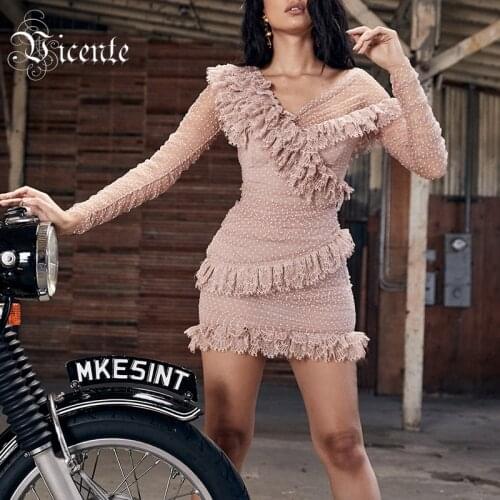 VC All Free Shipping Chic Lace Ruffles Design Draped Dot Voile Splicing Celebrity Party Club Bandage Mini Dress