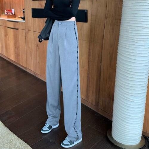 Women Pants Gray Casual Suit Pants Womens High Waist Loose Straight Pantalones De Mujer