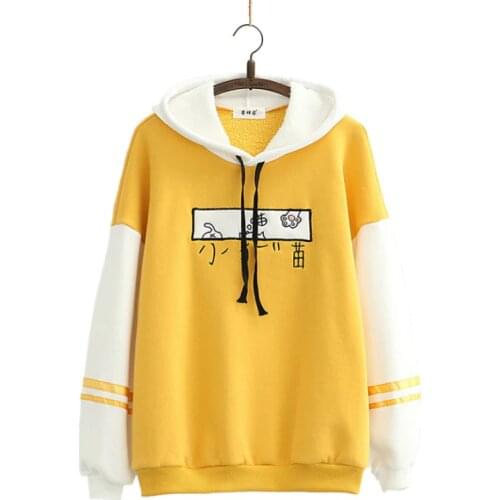 Women Hoodies Sweatshirts Fleece Plus Velvet Cartoon Embroidery Hooded Pullover 2021 Autumn Winter Sweet Style Thick Tracksuits