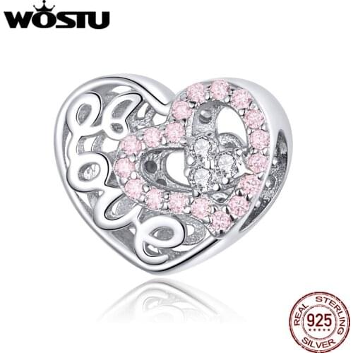 WOSTU 925 Sterling Silver Love Heart Beads Pink Zircon Openwork Charms Fit Original Bracelet Pendant For Women Jewelry BKC1301