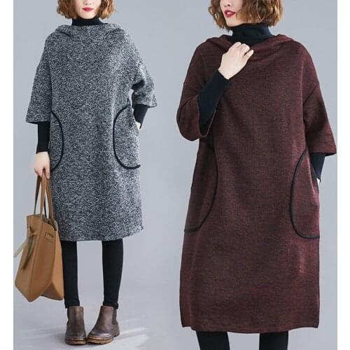 New Woolen Dress Large Size Female Autumn and Winter Clothes Loose Hedging Hooded Casual Sweatshirt Dress Blend Vestidos f2577