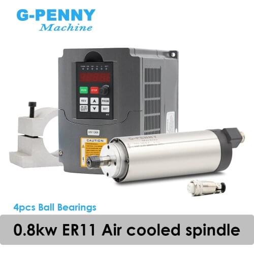 220V 800W ER11 Air cooled spindle motor 4 bearings Precision 0.01 & 0.8kw VFD inverter & 65mm aluminium bracket clamp