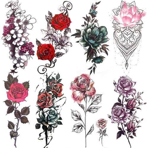 Watercolor Lotus Cherry Temporary Tattoo For Women Rose Henna Tattoos Sticker Arm Peony Lily Waterproof Leaves Fake Tatoo Sheets