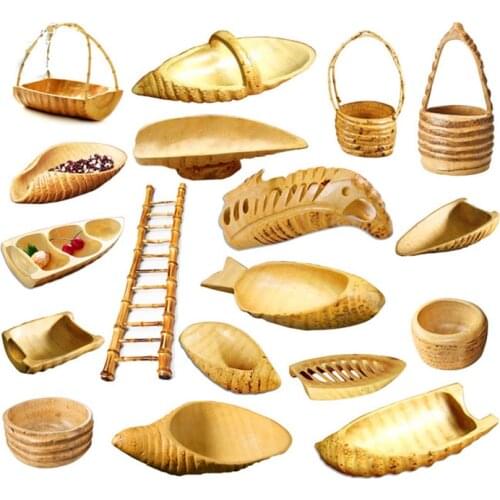 Japanese decorate wooden bamboo root basket cake fruit seafood sushi plate Creative cuisine snack dish artistic tableware tray