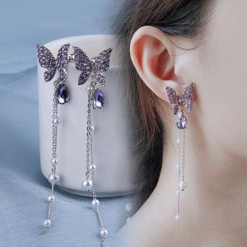Korean Shiny Butterfly Crystal Drop Earrings For Women Elegant Pearl Tassel Dangle Earring 2020 Brincos Female Fashion Jewelry