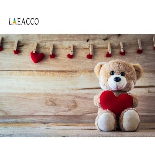 Laeacco Baby Toys Teddy Bear Heart Clamp Wooden Boards Party Portrait Photo Backgrounds Photo Backdrops Photocall Photo Studio