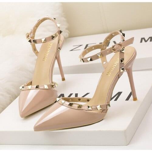 New women high heel pumps rivet Solid buckle fashion sexy party shoes thin heel nightclub wedding heels brand high quality 9 cm
