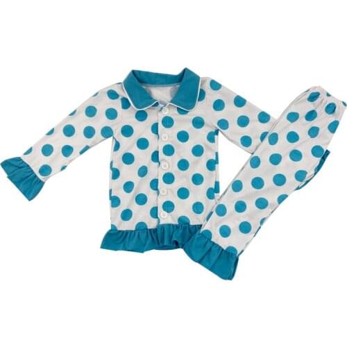 Wholesale Blue dot print ruffle sleeves shirt pants boy pajamas set