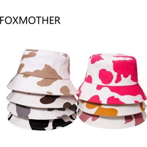 FOXMOTHER 2021 New Fashion Spring Summer Cotton Black Pink Coffee Cow Bucket Hats Women Men Fisherman Caps Outdoor Sun