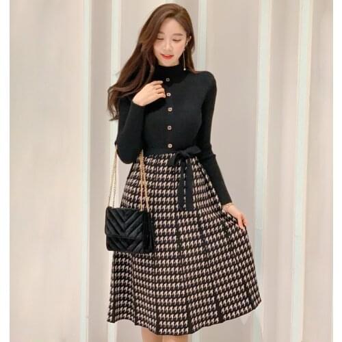 2021 New Elegant Long Sleeve Sweater Dresses Women Thick Knit Autumn Winter Female Slim Houndstooth Patchwork Casual Vestidos