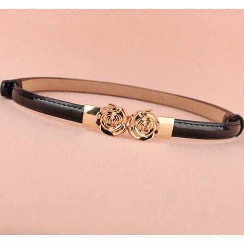 Adjust belt women bright gold flower buckle thin belts PU Leather Female Belts for Women Smooth Surface waistband for dress girl