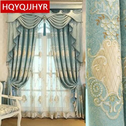 European and American style luxury Blue embroidery Blackout Living Room French Window Curtain Upscale Bedroom flat Curtains